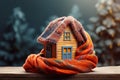Christmas Toy house is wrapped in a warm scarf. Concept of winter, Christmas, new year, warm, cozy, loving, protecting