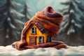 Christmas Toy house is wrapped in a warm scarf. Concept of winter, Christmas, new year, warm, cozy, loving, protecting