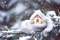 Christmas Toy house is wrapped in a warm scarf, it`s snowing.on Royalty Free Stock Photo