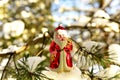 Christmas toy Santa Claus on  branch with pine tree needles in the snow. Christmas balls decoration. ÃÂ¡oncept of preparing for the Royalty Free Stock Photo