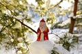 Christmas toy Santa Claus on  branch with pine tree needles in the snow. Christmas balls decoration. ÃÂ¡oncept of preparing for the Royalty Free Stock Photo