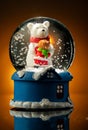 Christmas toy snow globe, inside which the figures of a bear and a boy on a yellow background