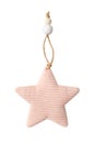 Christmas toy star made of pink velvet fabric isolated on a white background. Royalty Free Stock Photo
