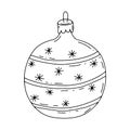 Christmas toy in the style of Doodle. Black and white vector illustration. Hand-drawn toy with snowflakes and lines