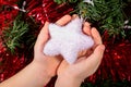 Christmas Toy White Star Child Boy Holding Hands. Postcard. Royalty Free Stock Photo