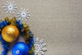 Christmas toys in beach sand top view place to copy Royalty Free Stock Photo