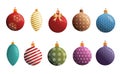 Christmas toys clipart, balls illustration set in green, violet, red and orange color. Vector Xmas glass ball. Holiday decoration Royalty Free Stock Photo