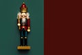 Christmas toys concept. Top view of christmas wooden nutcracker toy solider with space for text