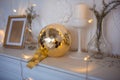 Christmas toys, garlands and interior elements in lights, home decoration for the holiday. Royalty Free Stock Photo