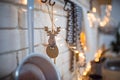 Christmas toys, garlands and interior elements in lights, home decoration for the holiday. Royalty Free Stock Photo