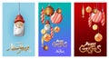 Christmas toys and Merry Christmas text flat vector banners. New year celebration accessories on red, blue and custom