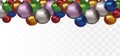 Christmas toys on transparent background. Hanging colors christmas balls. Happy new year. 3D realistic balls with copy