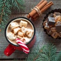 Christmas tradition drink. Mug hot coffee with marshmallow, red candy cane on the wooden background. New Year. Holiday card. Rusti Royalty Free Stock Photo