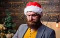 Christmas tradition. Santa claus attributes concept. Serious man beard mustache playing santa role. Man bearded mature