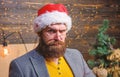 Christmas tradition. Santa claus attributes concept. Serious man beard mustache playing santa role. Man bearded mature Royalty Free Stock Photo