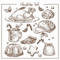 Christmas traditional dinner menu vector sketch illustration set of dishes.