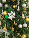 Christmas traditional pine tree decorations with balls and toys, New Year celebration preparation. Royalty Free Stock Photo