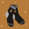 Christmas traditional warm socks in scandinavian hand drawn style in gold, silver, black colors. Vector illustration