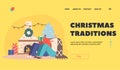 Christmas Traditions Landing Page Template. Happy Couple Man and Woman Sitting at Room with Fireplace Exchange Gifts