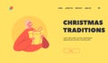 Christmas Traditions Landing Page Template. Happy Girl with Giftbox, Female Character Hold Present for Winter Holidays