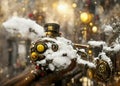 Christmas Train Background with Snow and Colorful Bokeh, Shallow Depth of Field