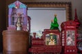 Christmas train and phone booth at store in Sea World