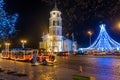 Christmas train and Christmas tree at Cathedral Square in Vilnius at night