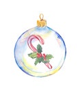 Christmas transparent bauble - holiday candy cane and mistletoe. Watercolor
