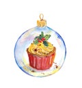 Christmas transparent bauble with holiday cupcake, mistletoe. Watercolor