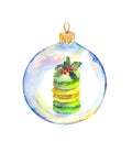 Christmas transparent bauble - holiday macaroon coockie and mistletoe. Watercolor