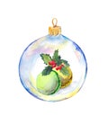 Christmas transparent bauble with holiday macaroon cookie and mistletoe. Watercolor