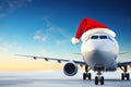 Christmas travel concept. An airplane wearing a red Father Christmas santa hat