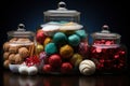 Christmas treats in a charming vintage candy jar illuminated by gentle ambient light, christmas picture, AI Generated