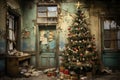 Christmas tree in abandoned room, AI