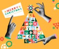 Christmas tree advent calendar and hands in retro collage illustration Royalty Free Stock Photo