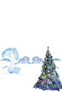 Christmas tree against the background of snow-covered forest for postcard, poster, congratulations, watercolor graphic drawing Royalty Free Stock Photo