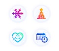 Christmas tree, Air conditioning and Smile face icons set. Calendar sign. Spruce, Snowflake, Love heart. Time. Vector Royalty Free Stock Photo