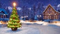 Christmas tree in alpine village at snowfall night Royalty Free Stock Photo