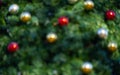 Christmas tree background in bright bokeh. Shiny baubles with bokeh. Decorations Christmas. Colorful baubles with festive bokeh. Royalty Free Stock Photo