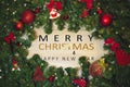 Christmas tree background and Christmas decorations with blurred, sparking, glowing and text Merry Christmas and Happy New Year Royalty Free Stock Photo