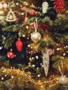 Christmas tree background and Christmas decorations with bokeh, blurred, sparking, glowing. Happy New Year and Xmas card Royalty Free Stock Photo