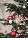 Christmas tree background and Christmas decorations with bokeh, blurred, sparking, glowing. Happy New Year and Xmas card Royalty Free Stock Photo