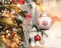 Christmas tree background and Christmas decorations with bokeh, blurred, sparking, glowing. Happy New Year and Xmas card Royalty Free Stock Photo