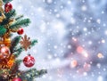 Christmas Tree Background And Christmas Decorations With Snow, Blurred, Sparking, Glowing.