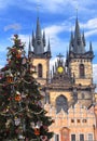 Christmas tree on the background of the Church of Mother of God before TÃÂ½n,Old Town Square, Prague, Czech Republic Royalty Free Stock Photo