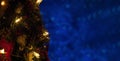 Christmas tree background and Christmas decorated tree with lights isolated on blurry blue back for copy paste space, blurred, Royalty Free Stock Photo