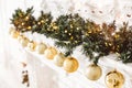 Holiday decorated room with Christmas tree and decoration, background with blurred, sparking, glowing light Royalty Free Stock Photo