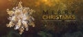 Christmas tree background and Christmas decorations with blurred, sparking, glowing and text Merry Christmas and Happy New Year Royalty Free Stock Photo