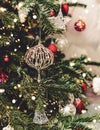 Christmas tree background and Christmas decorations with bokeh, blurred, sparking, glowing. Happy New Year and Xmas card Royalty Free Stock Photo