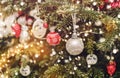 Christmas tree background and Christmas decorations with bokeh, blurred, sparking, glowing. Happy New Year and Xmas card Royalty Free Stock Photo